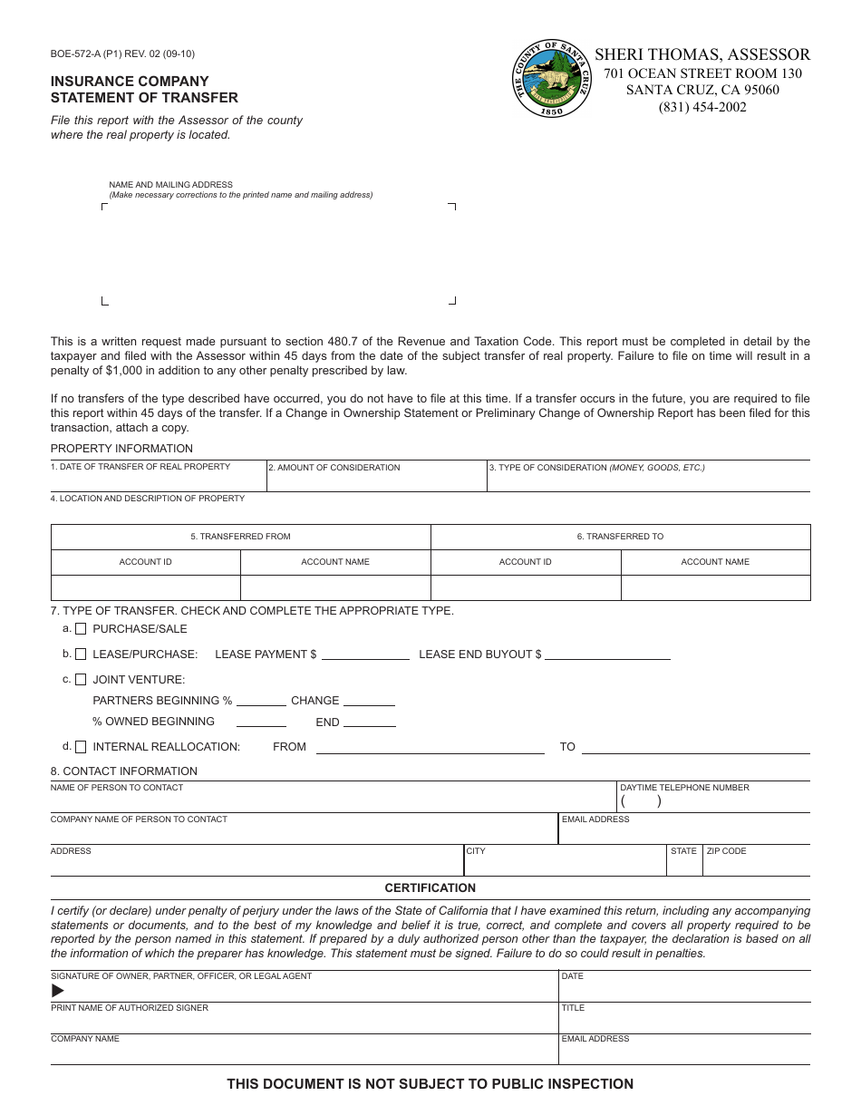 Form BOE-572-A Insurance Company Statement of Transfer - Santa Cruz County, California, Page 1