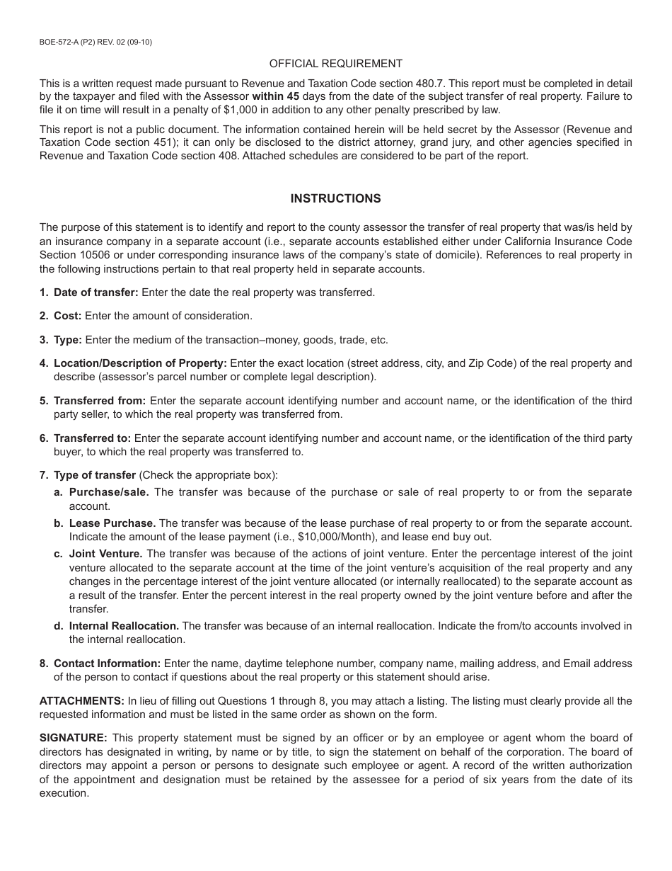 Form BOE-572-A Insurance Company Statement of Transfer - Santa Cruz County, California, Page 2
