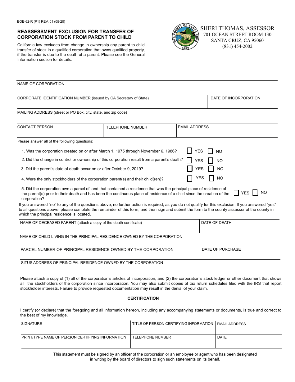 Form BOE-62-R Reassessment Exclusion for Transfer of Corporation Stock From Parent to Child - Santa Cruz County, California, Page 1
