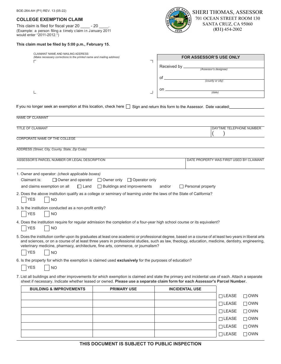 Form BOE-264-AH College Exemption Claim - County of Santa Cruz, California, Page 1