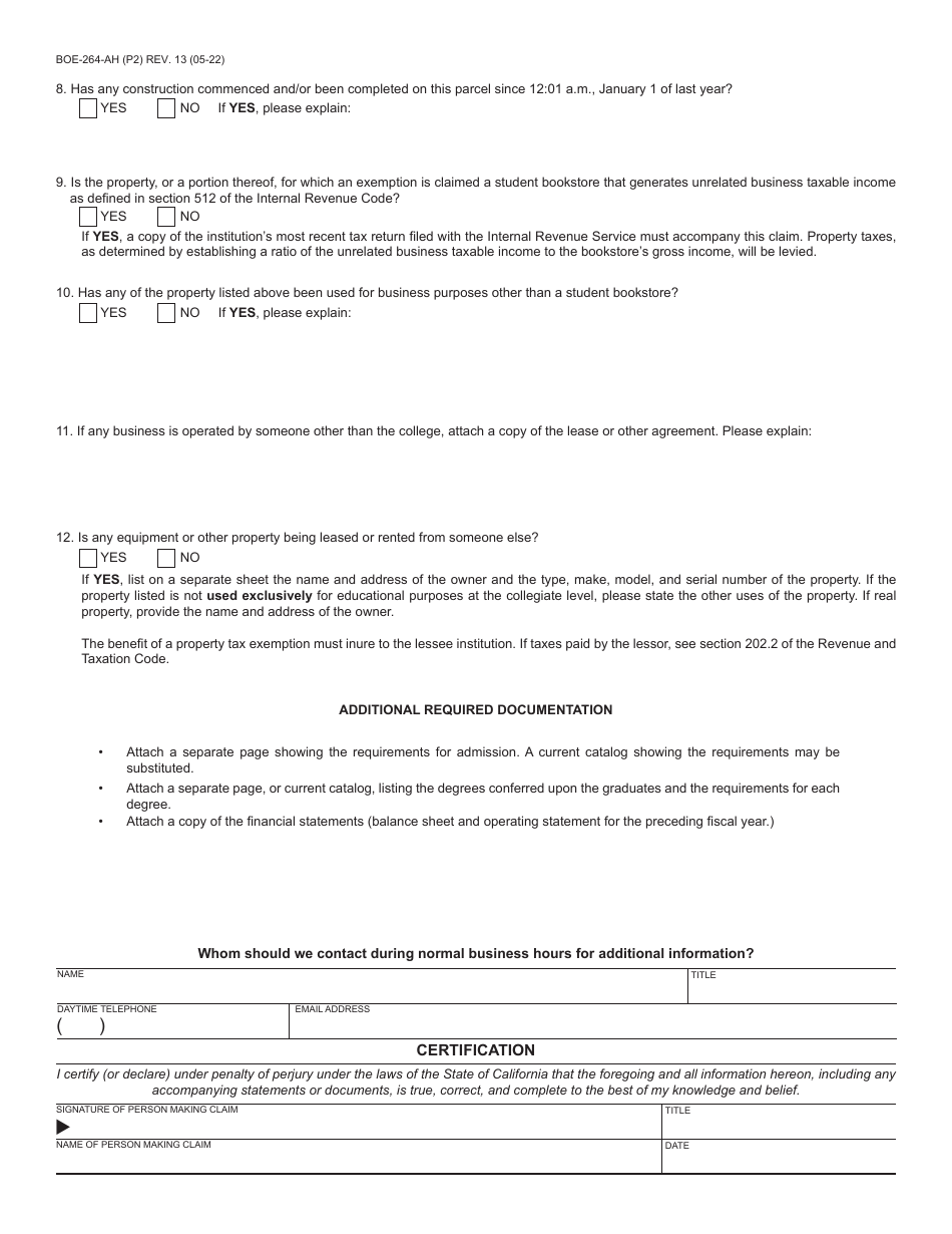 Form BOE-264-AH College Exemption Claim - County of Santa Cruz, California, Page 2