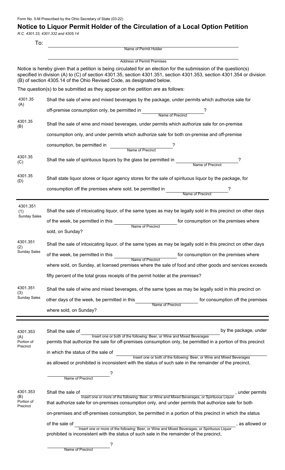 Form 5-M Notice to Liquor Permit Holder of the Circulation of a Local Option Petition - Ohio, Page 1
