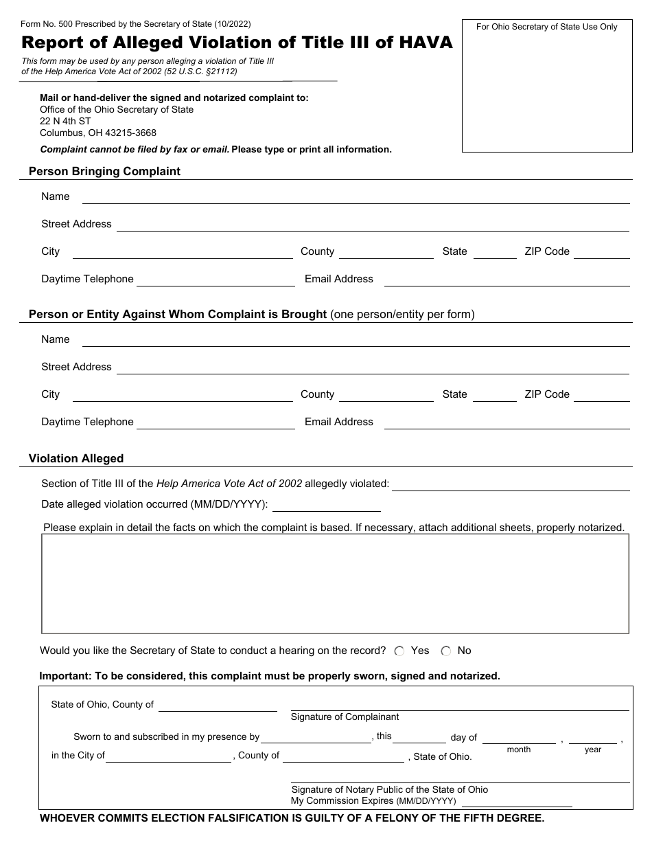 Form 500 Report of Alleged Violation of Title Iii of Hava - Ohio, Page 1