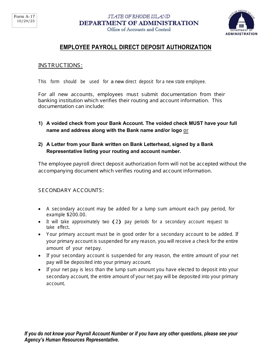 Form A-17 Employee Payroll Direct Deposit Authorization - Rhode Island, Page 1