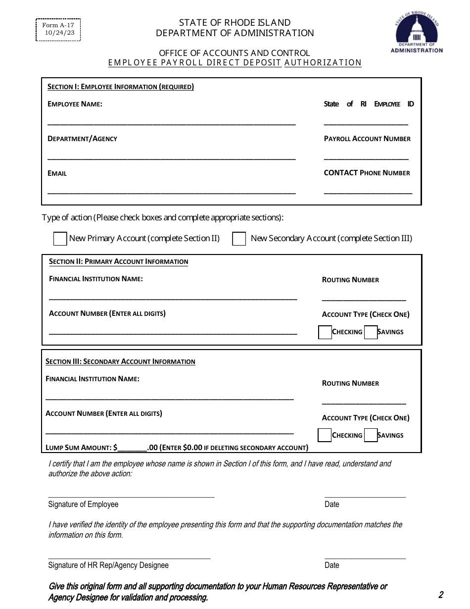 Form A-17 Employee Payroll Direct Deposit Authorization - Rhode Island, Page 2