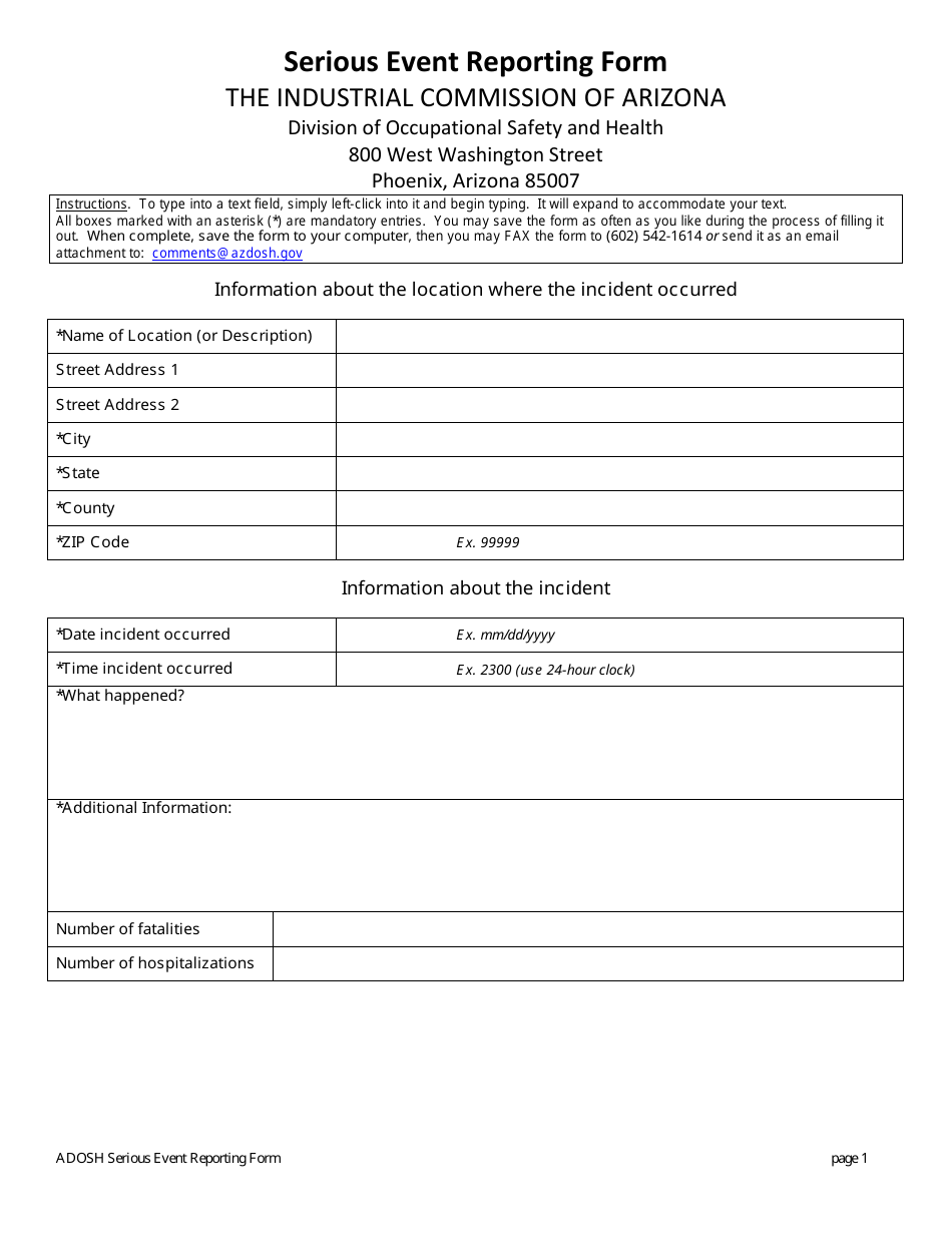 Serious Event Reporting Form - Arizona, Page 1