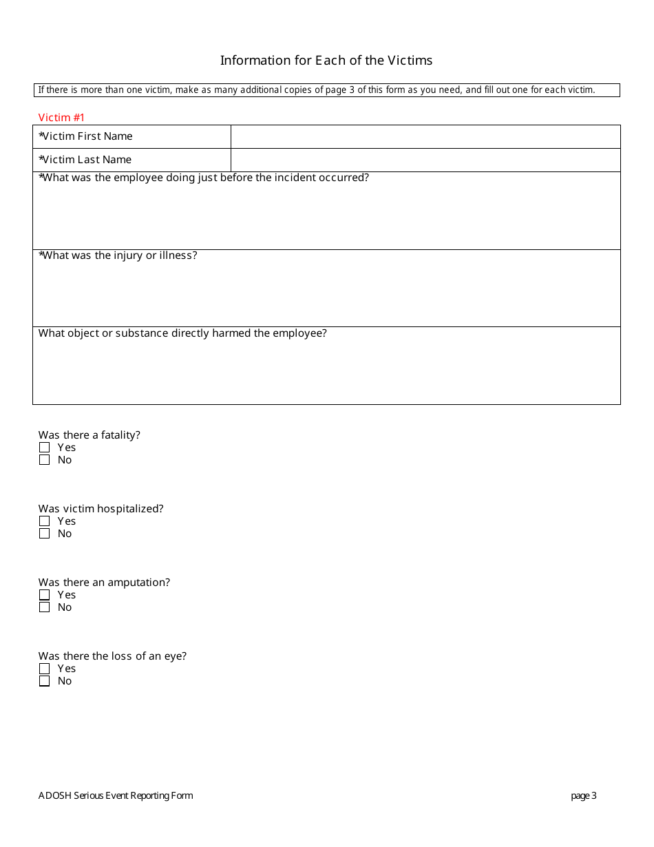Serious Event Reporting Form - Arizona, Page 3