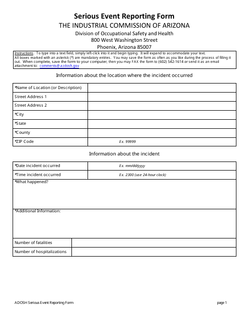 Serious Event Reporting Form - Arizona Download Pdf