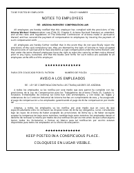 Document preview: Employer's Compliance With Workers' Compensation Law Poster - Arizona (English/Spanish)