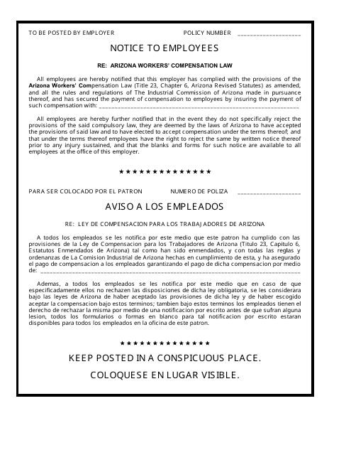 Employer's Compliance With Workers' Compensation Law Poster - Arizona (English / Spanish) Download Pdf