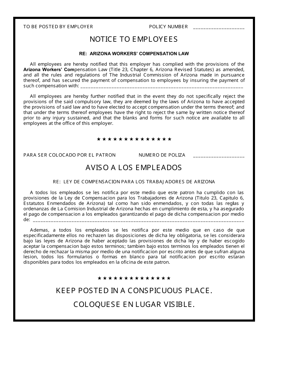 Employers Compliance With Workers Compensation Law Poster - Arizona (English / Spanish), Page 1