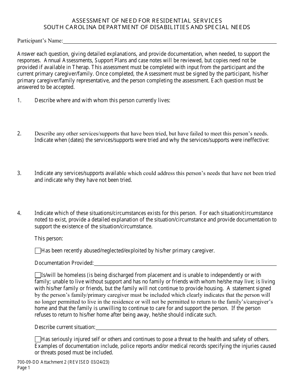 Attachment 2 Assessment of Need for Residential Services - South Carolina, Page 1