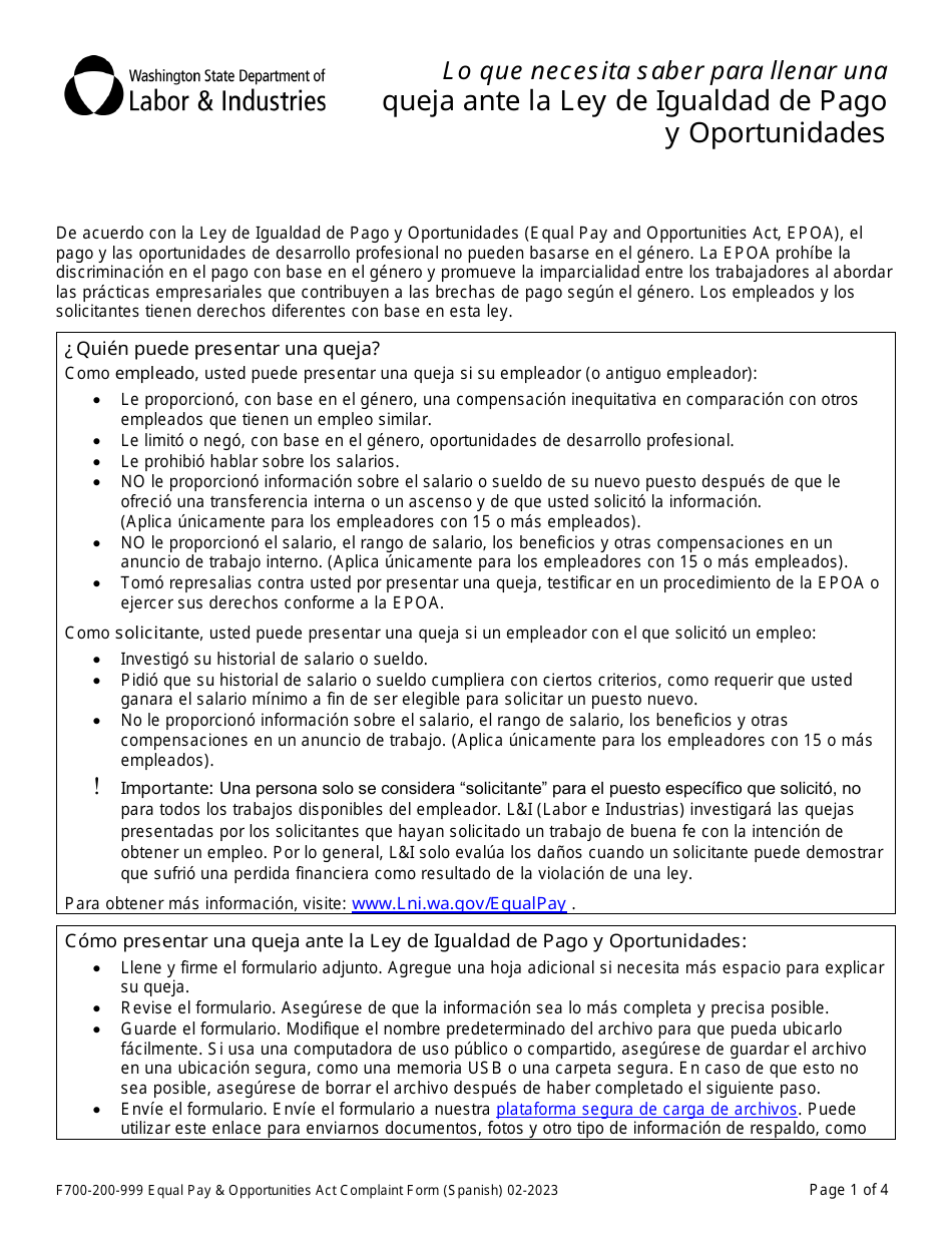 Formulario F700-200-999 Queja Ante La Ley De Igualdad De Pago Y Oportunidades - Washington (Spanish), Page 1