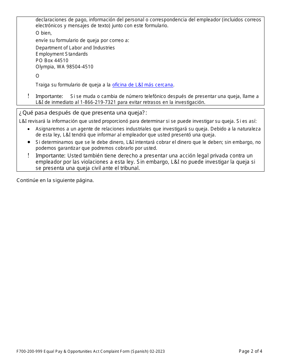 Formulario F700-200-999 Queja Ante La Ley De Igualdad De Pago Y Oportunidades - Washington (Spanish), Page 2