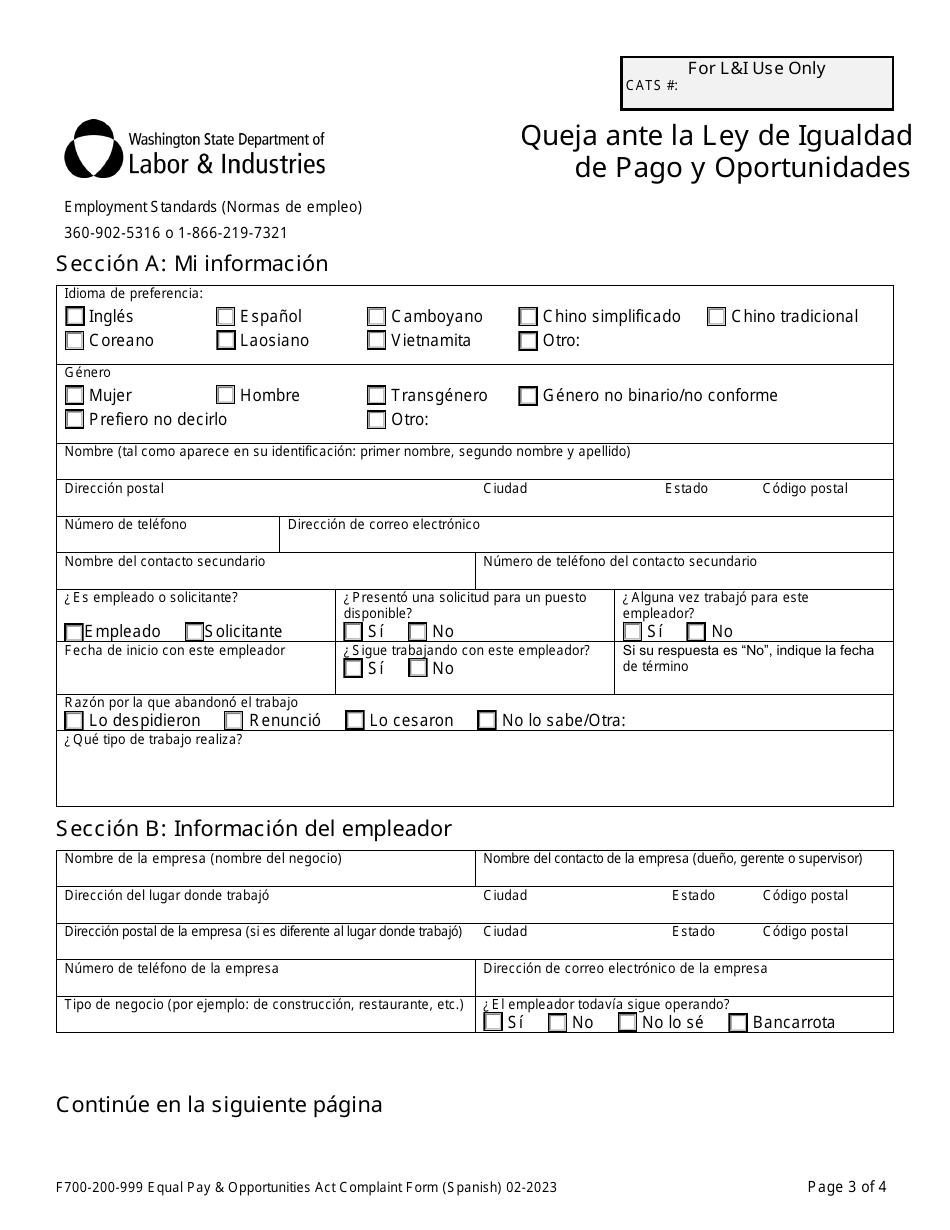 Formulario F700-200-999 Queja Ante La Ley De Igualdad De Pago Y Oportunidades - Washington (Spanish), Page 3