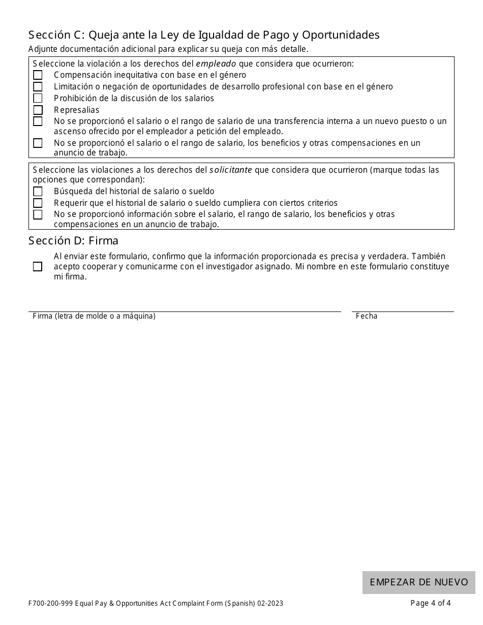 Formulario F700-200-999 Queja Ante La Ley De Igualdad De Pago Y Oportunidades - Washington (Spanish), Page 4