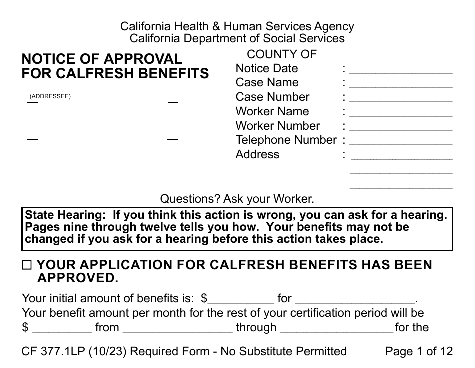 Form CF377.1LP Notice of Approval for CalFresh Benefits - Large Print - California, Page 1