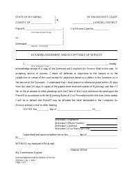 Document preview: Acknowledgement and Acceptance of Service - Divorce With No Children - Wyoming