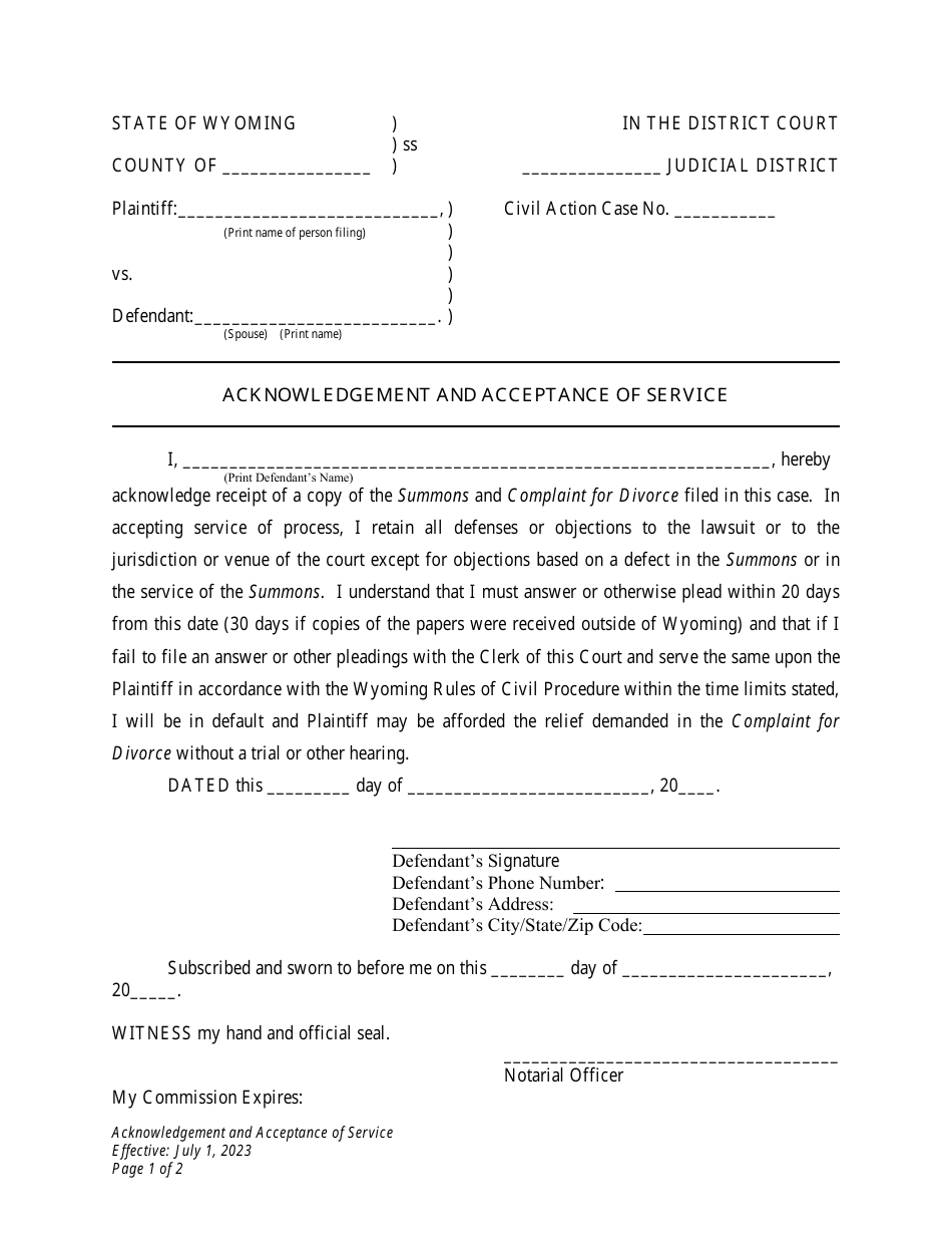 Acknowledgement and Acceptance of Service - Divorce With No Children - Wyoming, Page 1