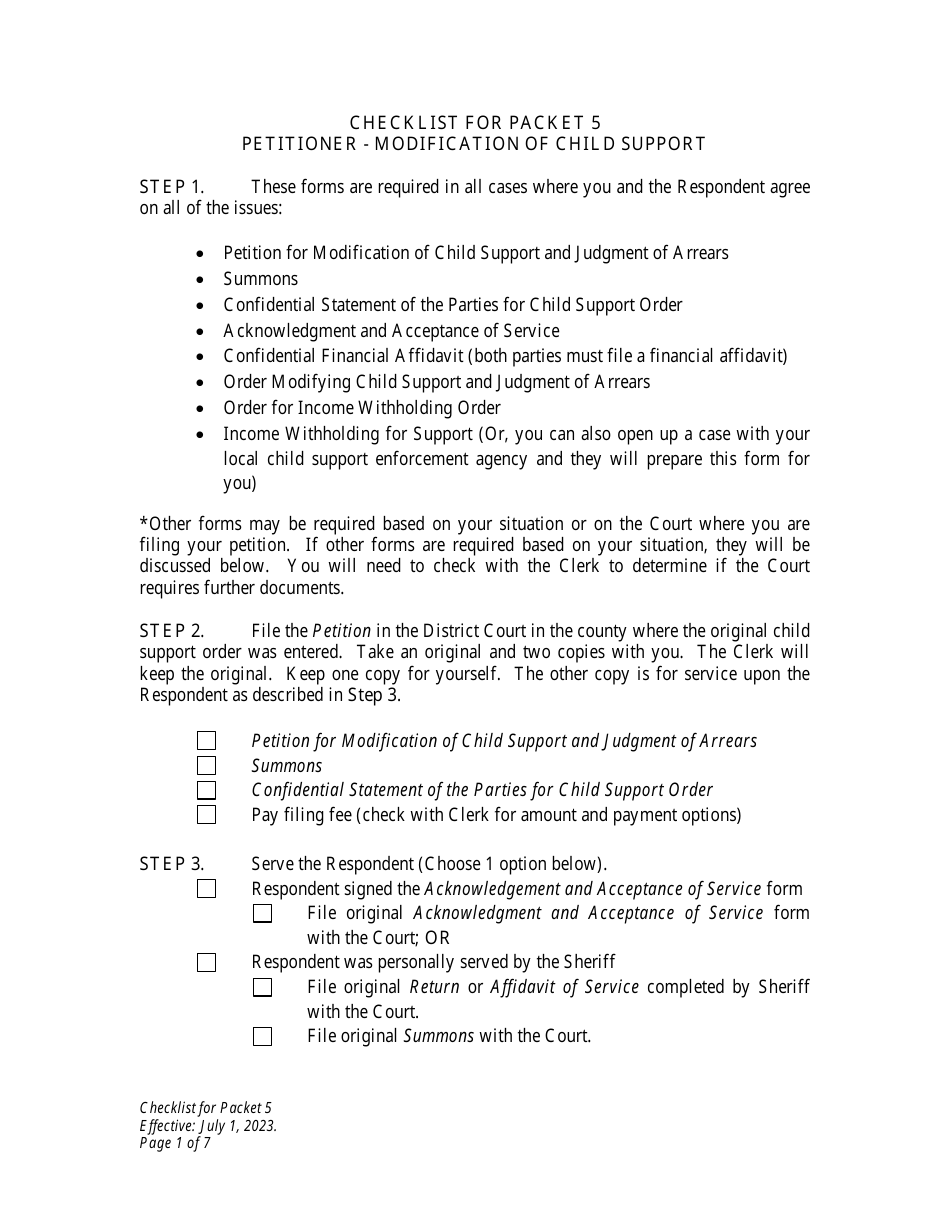 Checklist for Packet 5 - Petitioner - Modification of Child Support - Wyoming, Page 1