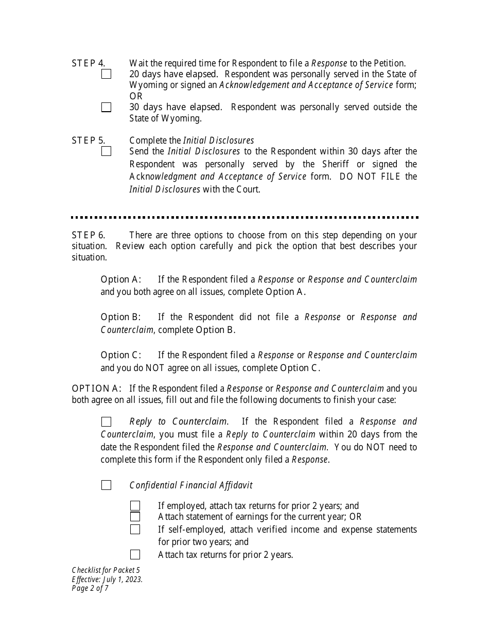 Checklist for Packet 5 - Petitioner - Modification of Child Support - Wyoming, Page 2