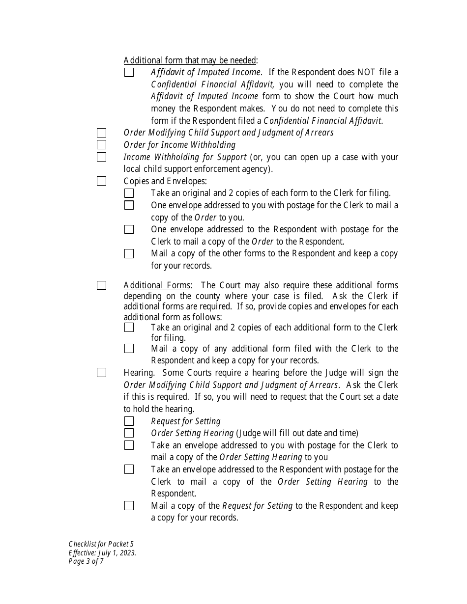 Checklist for Packet 5 - Petitioner - Modification of Child Support - Wyoming, Page 3
