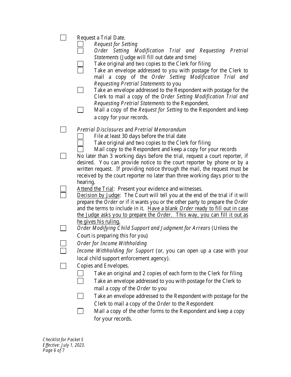 Checklist for Packet 5 - Petitioner - Modification of Child Support - Wyoming, Page 6