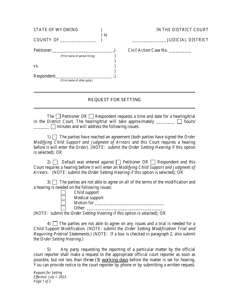 Request for Setting - Child Support Modification - Petitioner - Wyoming, Page 1