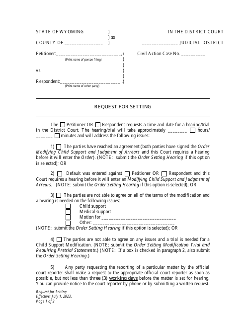 Request for Setting - Child Support Modification - Petitioner - Wyoming Download Pdf