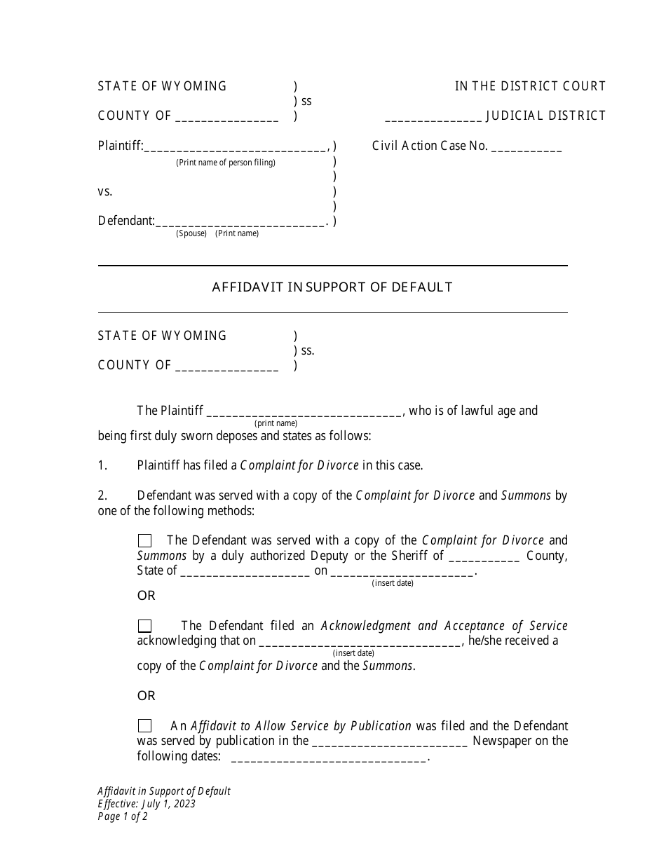 Affidavit in Support of Default - Divorce With Minor Children - Wyoming, Page 1