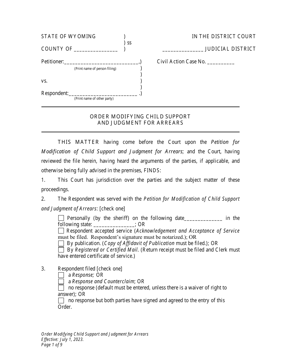 Order Modifying Child Support and Judgment for Arrears - Wyoming, Page 1