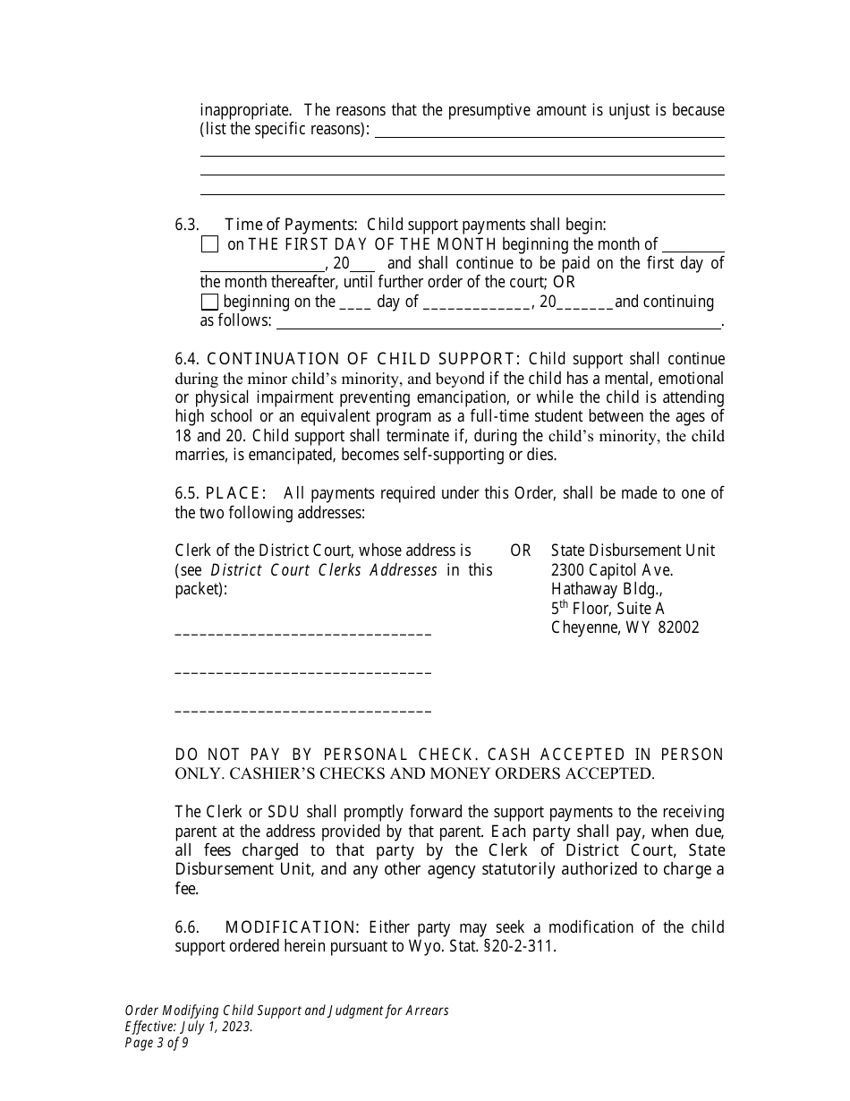 Order Modifying Child Support and Judgment for Arrears - Wyoming, Page 3