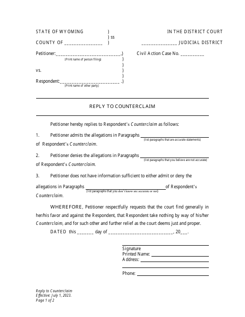 Reply to Counterclaim - Petitioner - Wyoming Download Pdf