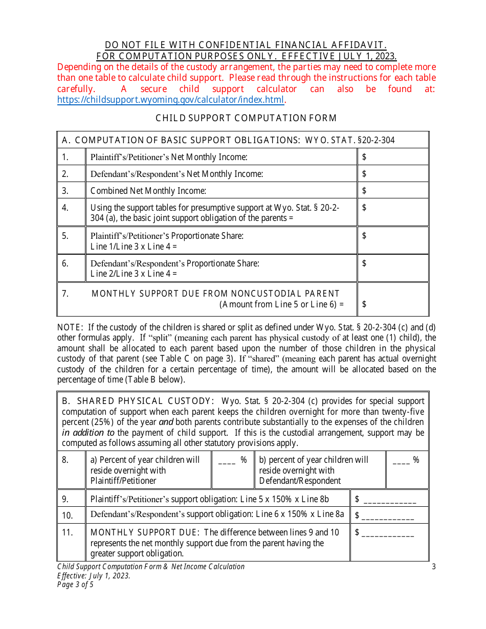 Child Support Computation Form - Wyoming, Page 3