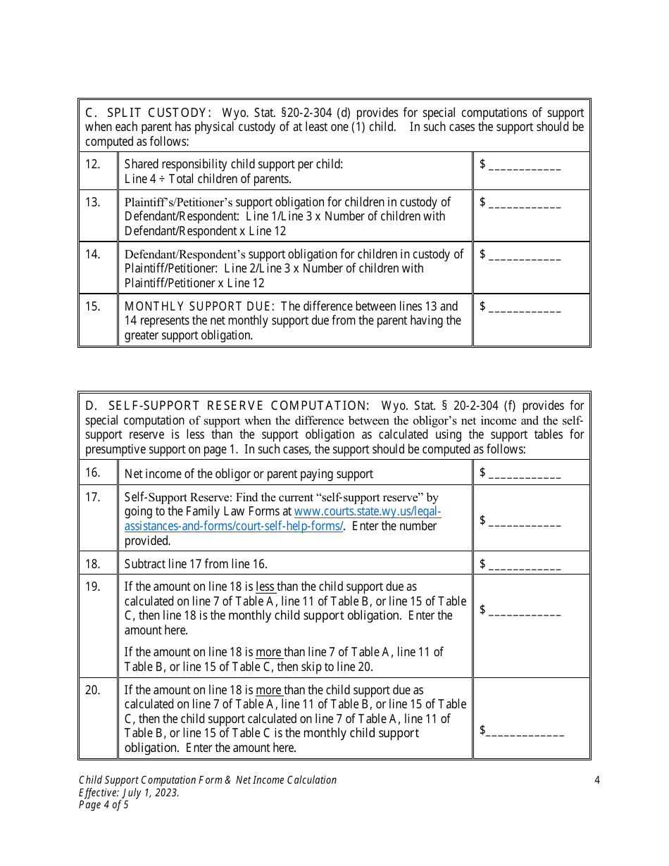 Child Support Computation Form - Wyoming, Page 4