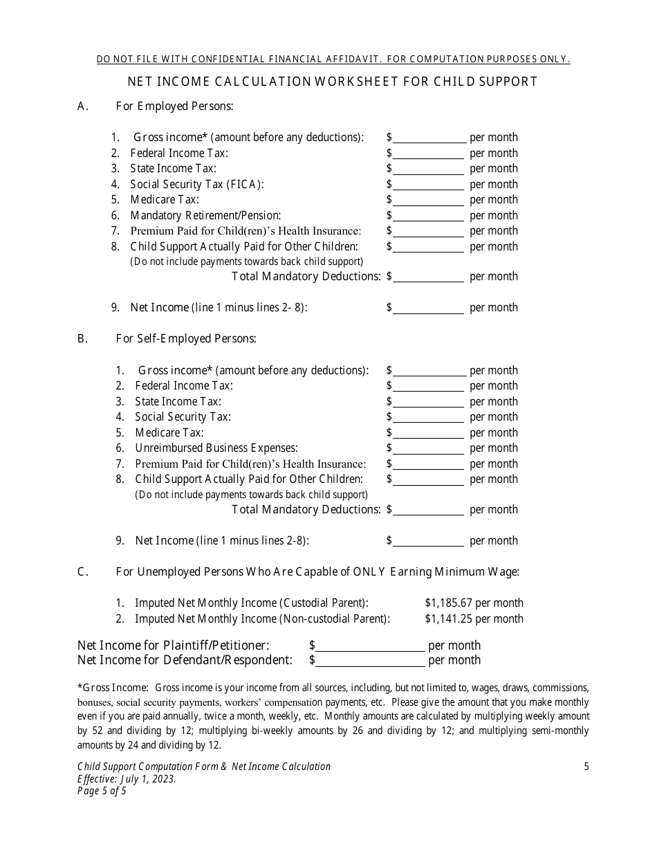 Child Support Computation Form - Wyoming, Page 5