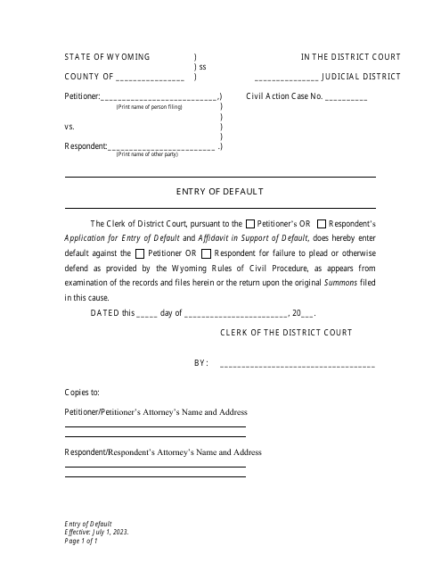Entry of Default - Petitioner - Wyoming Download Pdf
