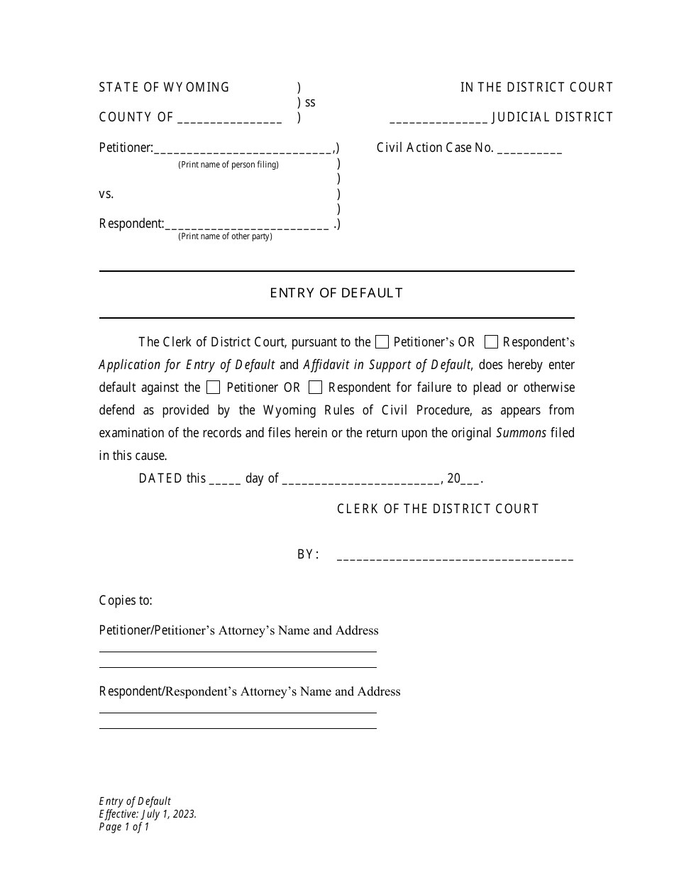 Entry of Default - Petitioner - Wyoming, Page 1