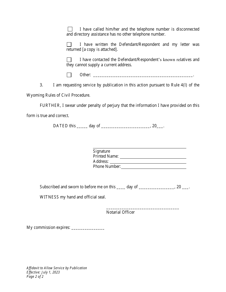 Wyoming Affidavit to Allow Service by Publication Download Printable ...