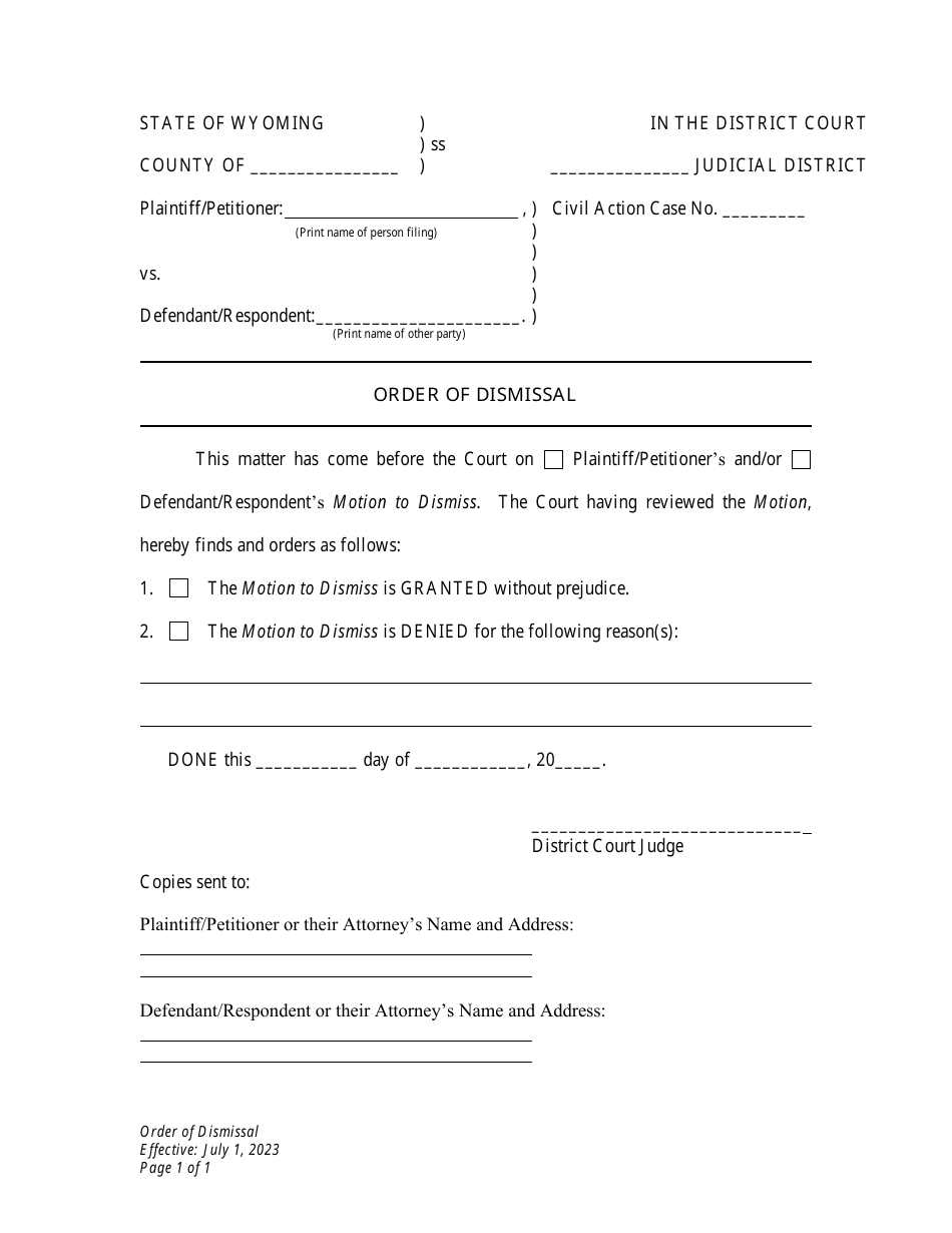 Wyoming Order of Dismissal Download Printable PDF 2014 — 2024 ...