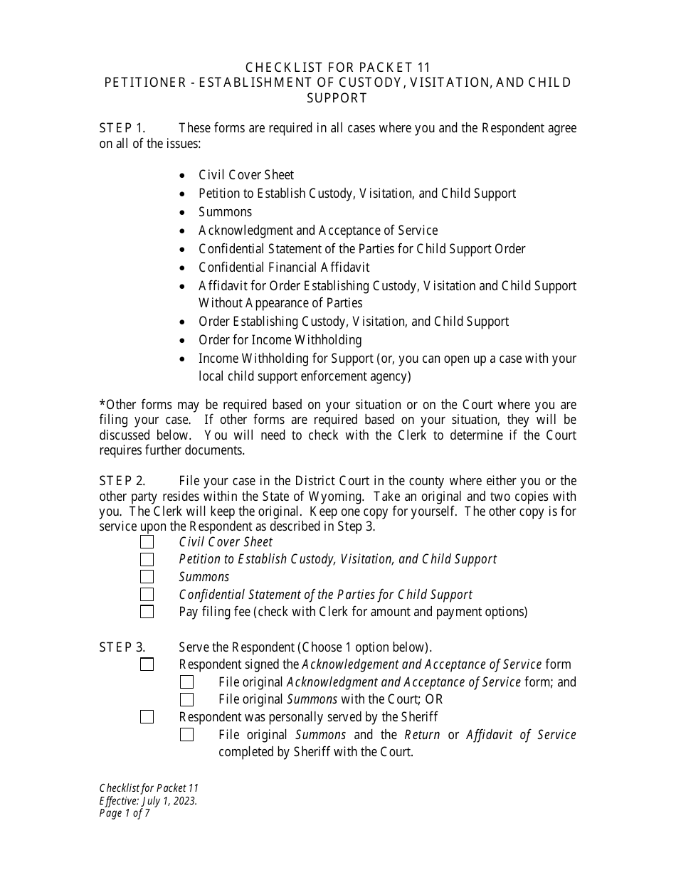 Checklist for Packet 11 - Petitioner - Establishment of Custody, Visitation, and Child Support - Wyoming, Page 1