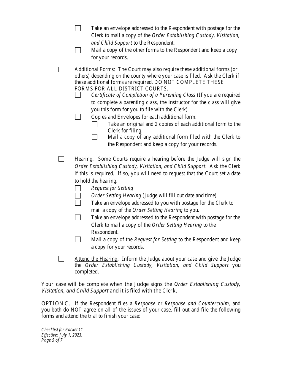 Checklist for Packet 11 - Petitioner - Establishment of Custody, Visitation, and Child Support - Wyoming, Page 5