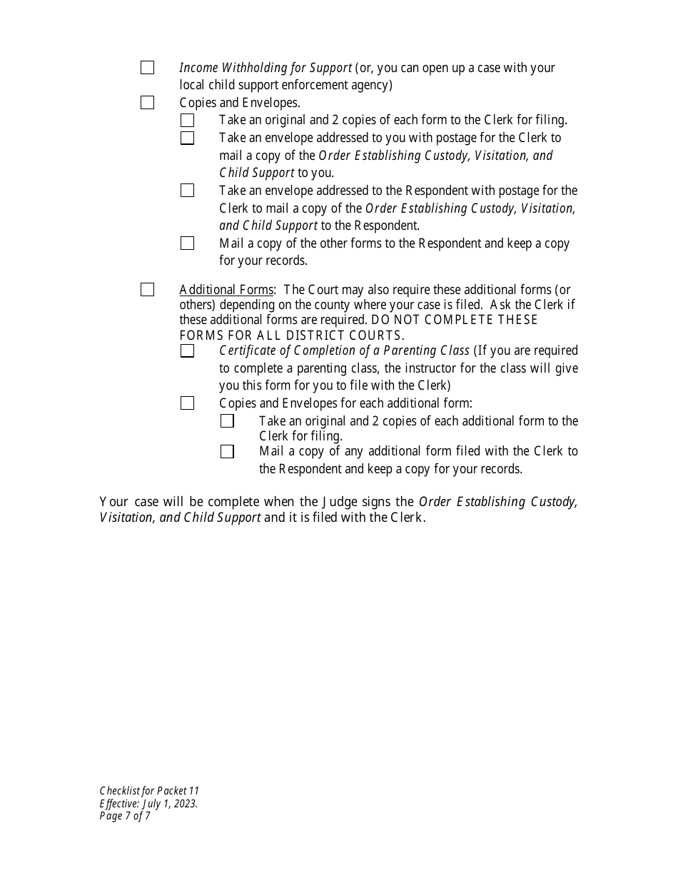 Checklist for Packet 11 - Petitioner - Establishment of Custody, Visitation, and Child Support - Wyoming, Page 7