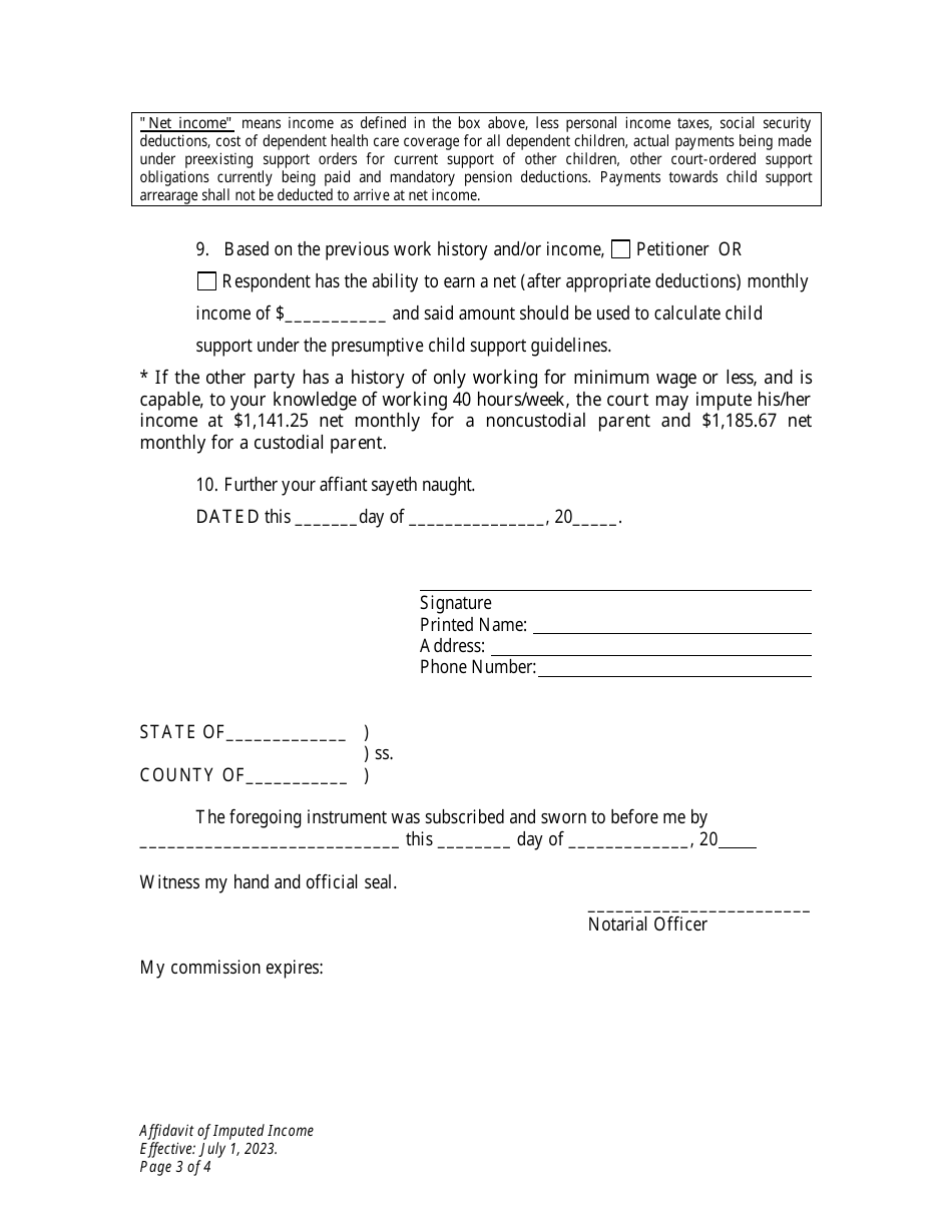 Affidavit of Imputed Income - Wyoming, Page 3