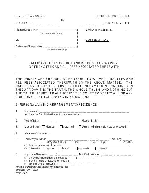 Affidavit of Indigency and Request for Waiver of Filing Fees and All Fees Associated Therewith - Wyoming