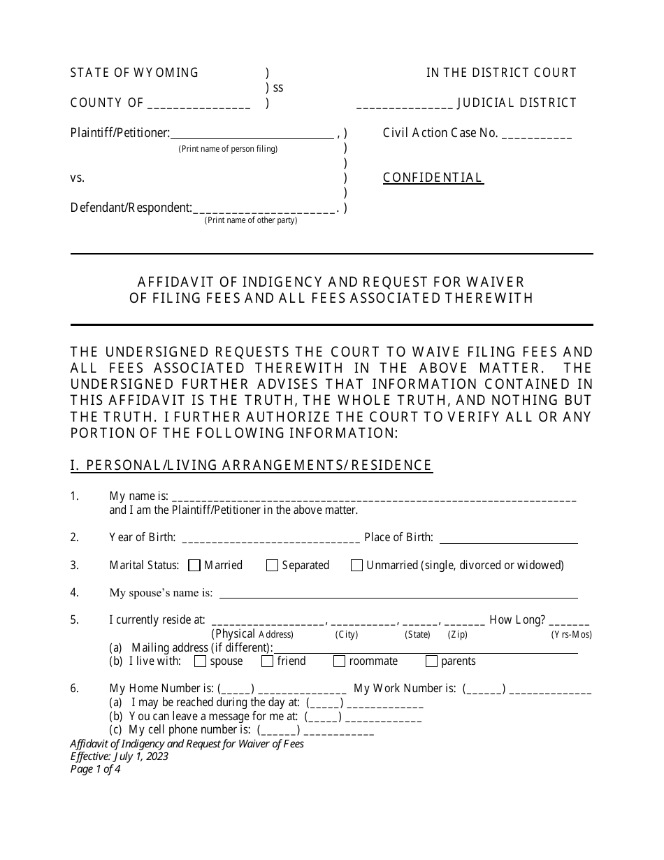 Wyoming Affidavit of Indigency and Request for Waiver of Filing Fees ...