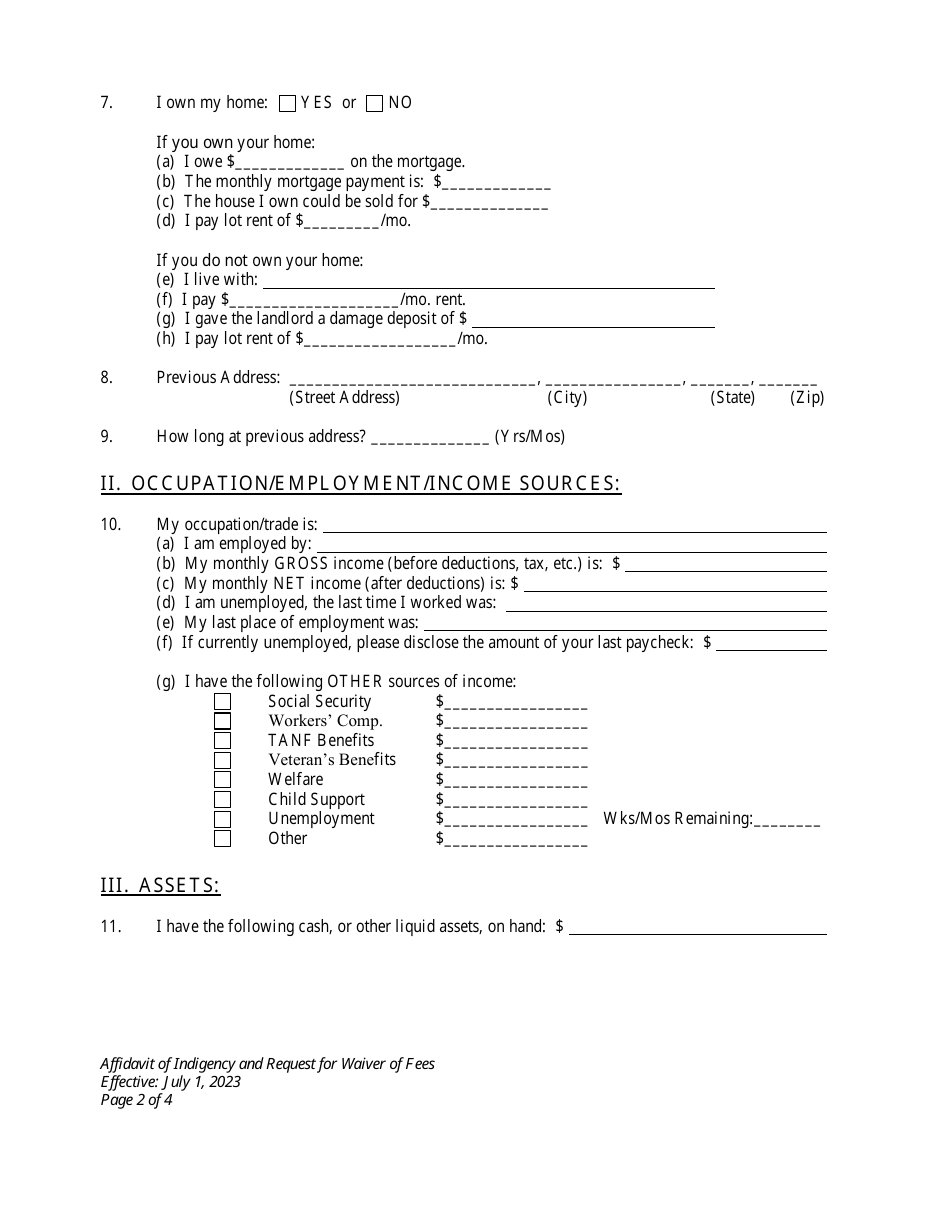 Affidavit of Indigency and Request for Waiver of Filing Fees and All Fees Associated Therewith - Wyoming, Page 2