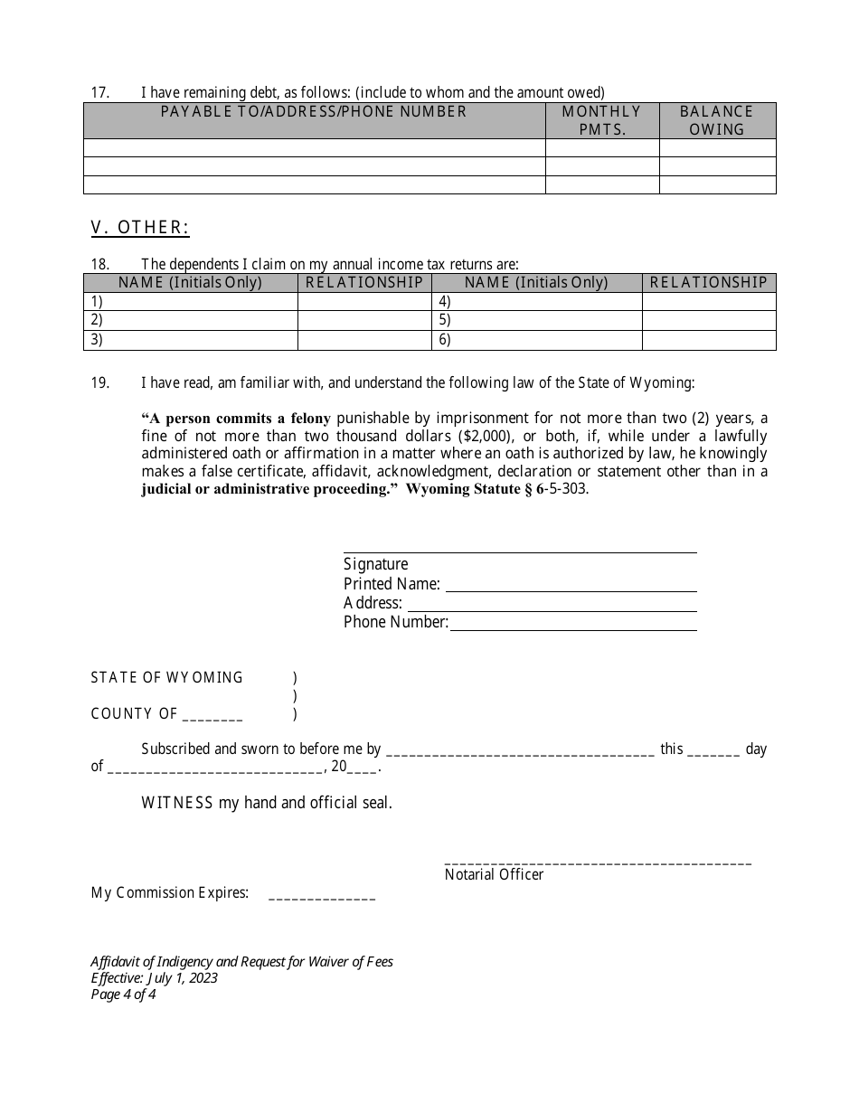 Affidavit of Indigency and Request for Waiver of Filing Fees and All Fees Associated Therewith - Wyoming, Page 4