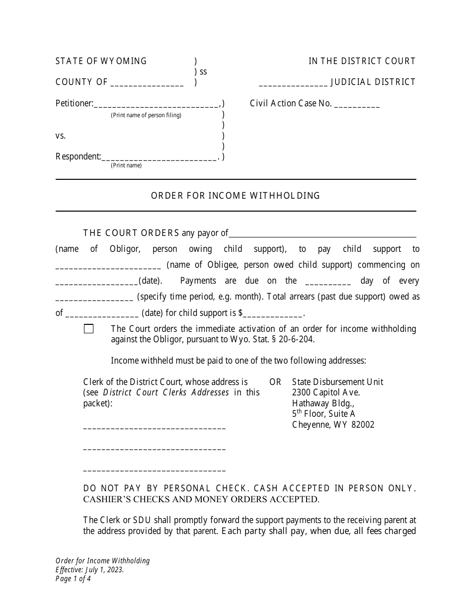 Order for Income Withholding - Petitioner - Wyoming, Page 1