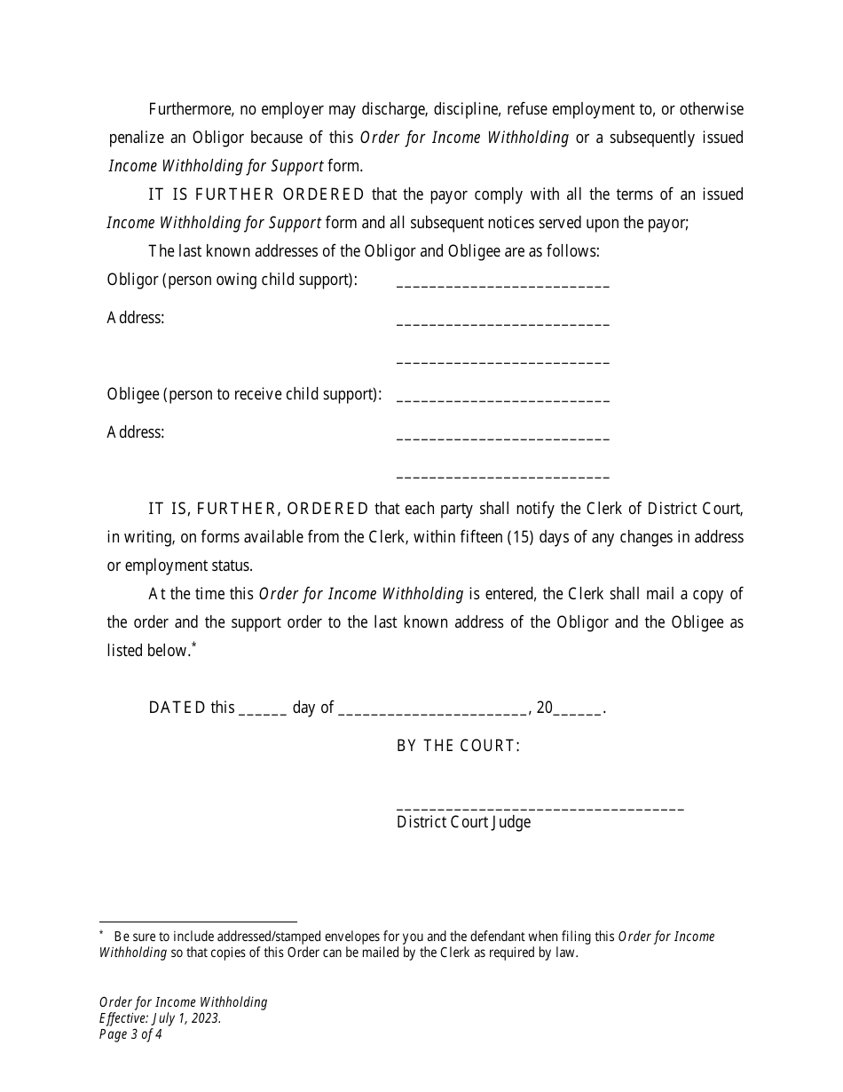 Order for Income Withholding - Petitioner - Wyoming, Page 3
